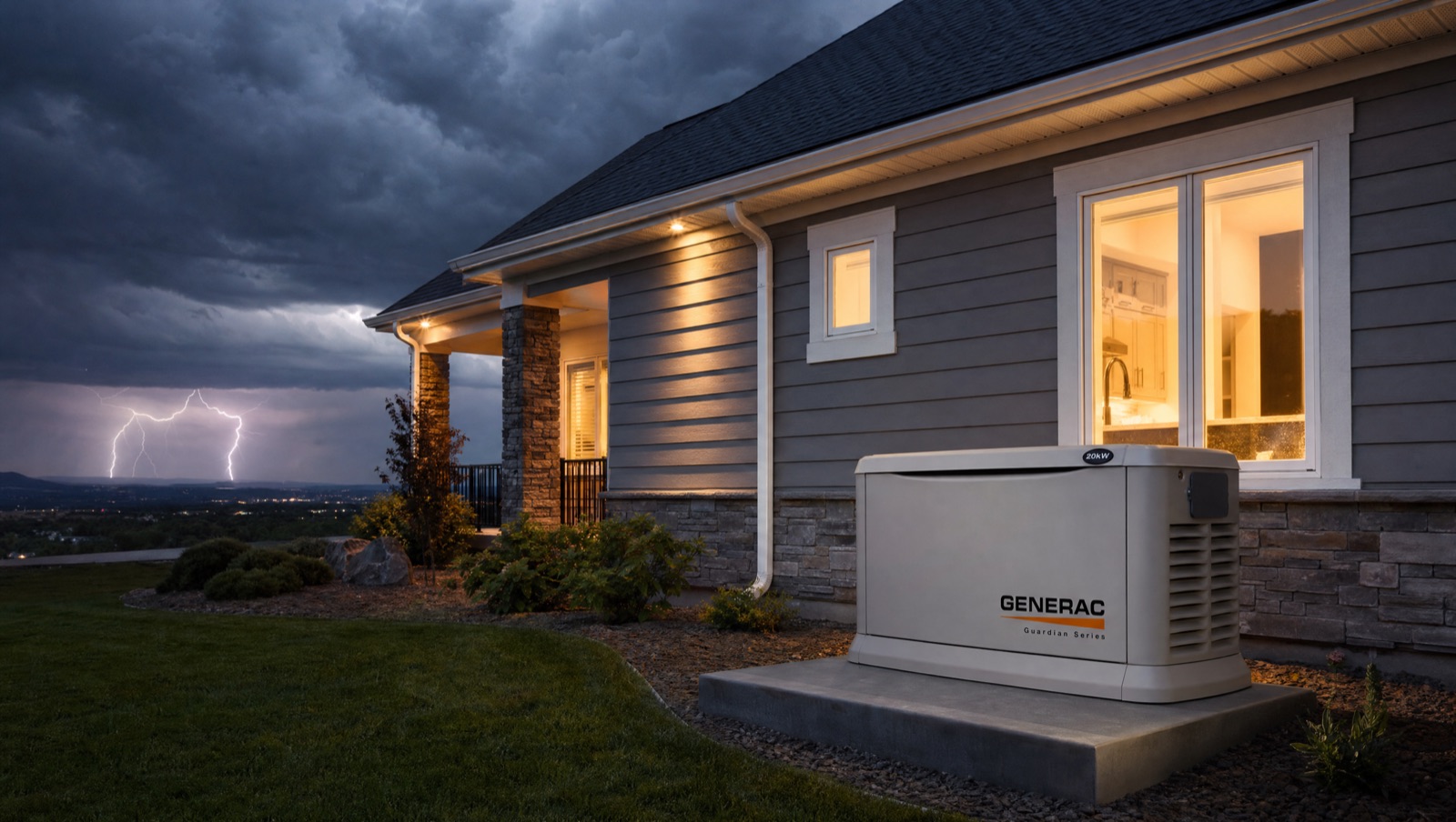 Whole-home standby generator installed beside a house under a dramatic storm sky