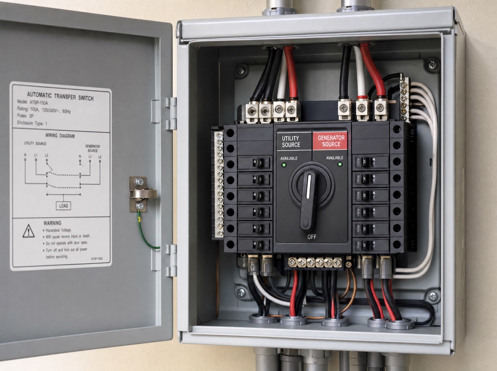 Open electrical transfer switch panel with organized circuit breakers